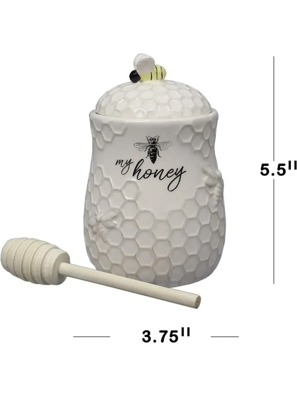 Ceramic Honey Jar with Lid & Wooden Dipper - Farmhouse Kitchen Decor, Tea